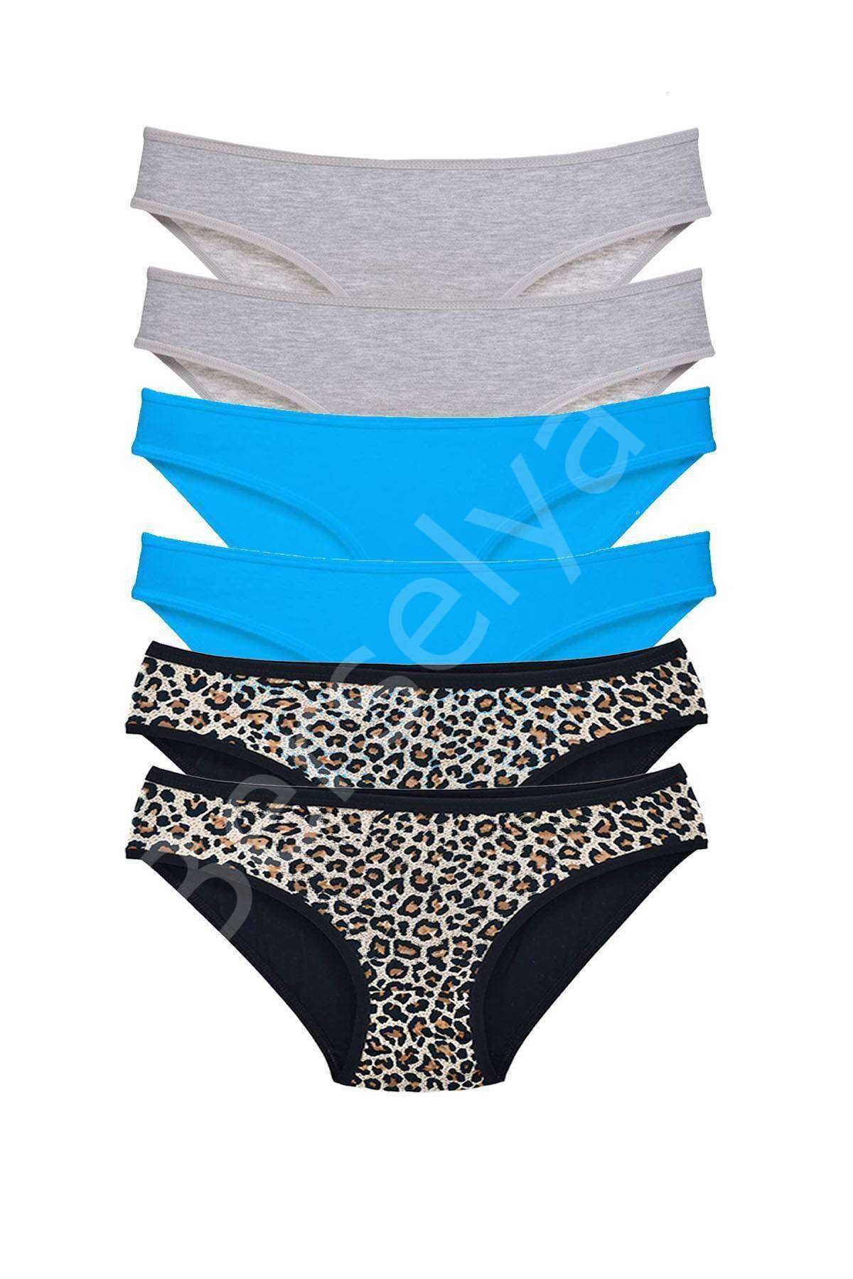 6 Adet Likralı Kadın Slip Külot Leopar Gri Mavi
