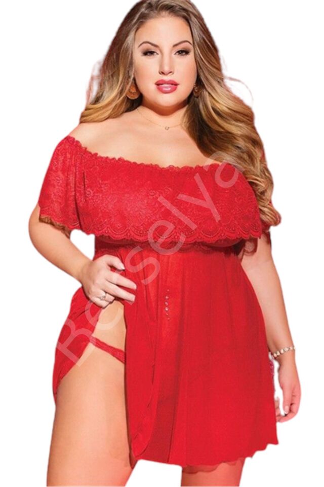 Üst Kısmı Dantel Alt Kısmı Likralı Tül Fantazi Büyük Beden Gecelik