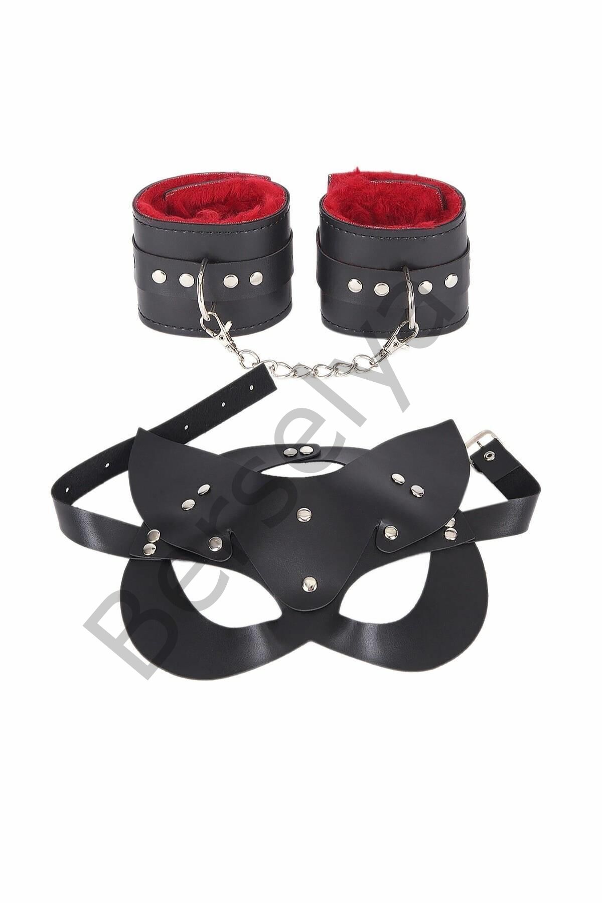 Maske Ve Kelepce İçi Tüğlü Kırmızı Deri Set 700429