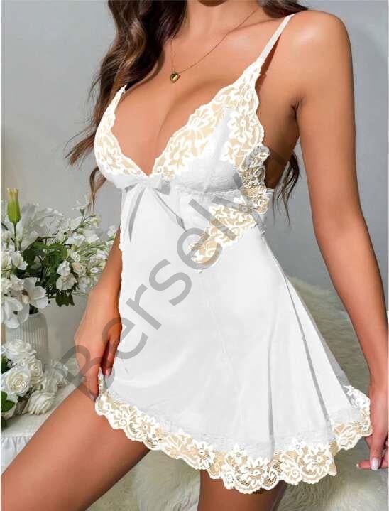 Beyaz Dantel İşlemeli İnce Askılı Likralı Fantezi Tül Gecelik