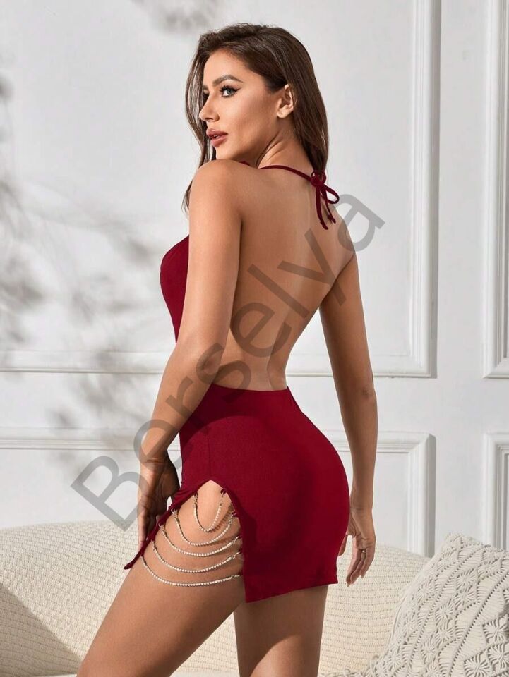 Kadın Kırmızı Fantezi Elbise Yandan Zincir Detaylı 5076
