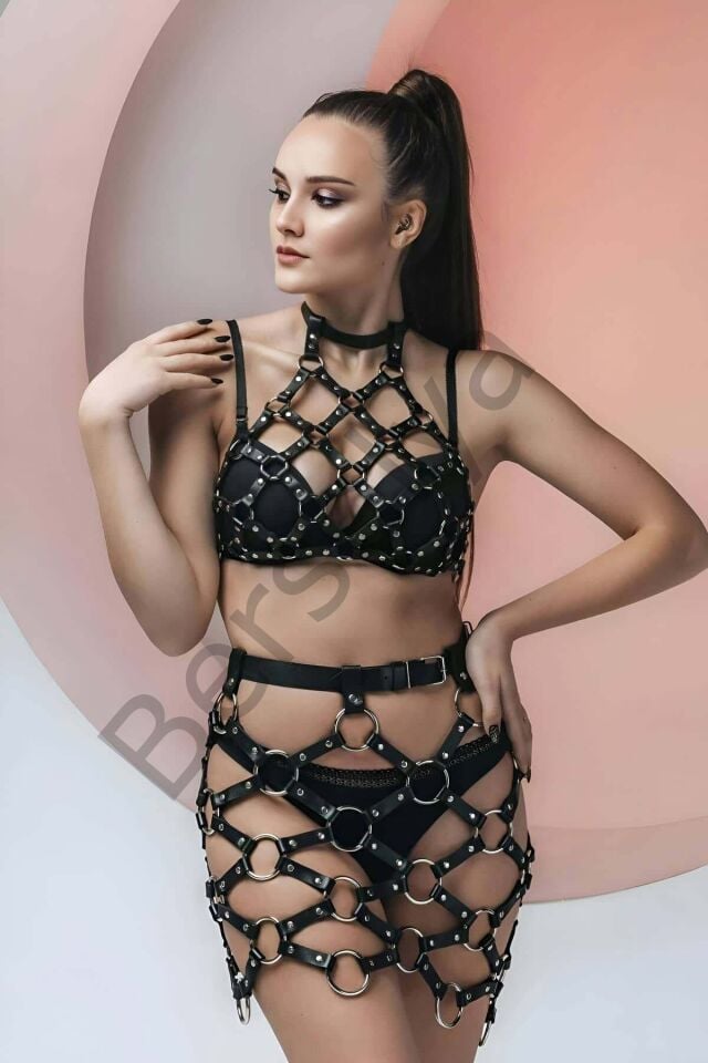 Çapraz Bağlı Crop Ve Etek Deri Fantazi Takım - Brf1289