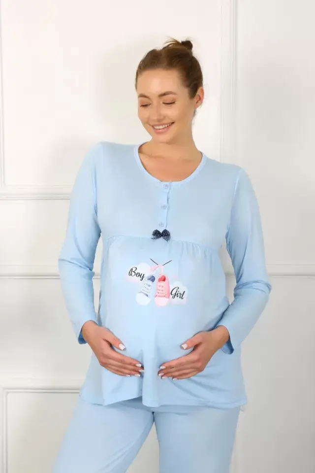 Kadın Uzun Kol Hamile Lohusa Pijama Takımı Mavi