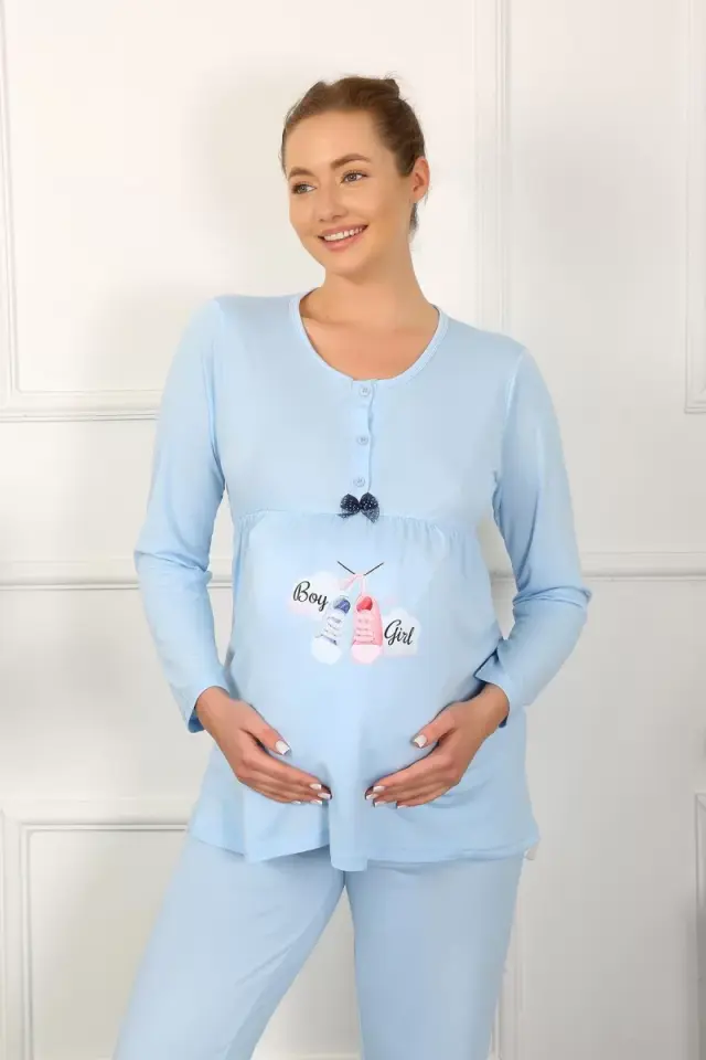Kadın Uzun Kol Hamile Lohusa Pijama Takımı Mavi