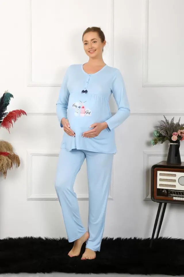 Kadın Uzun Kol Hamile Lohusa Pijama Takımı Mavi