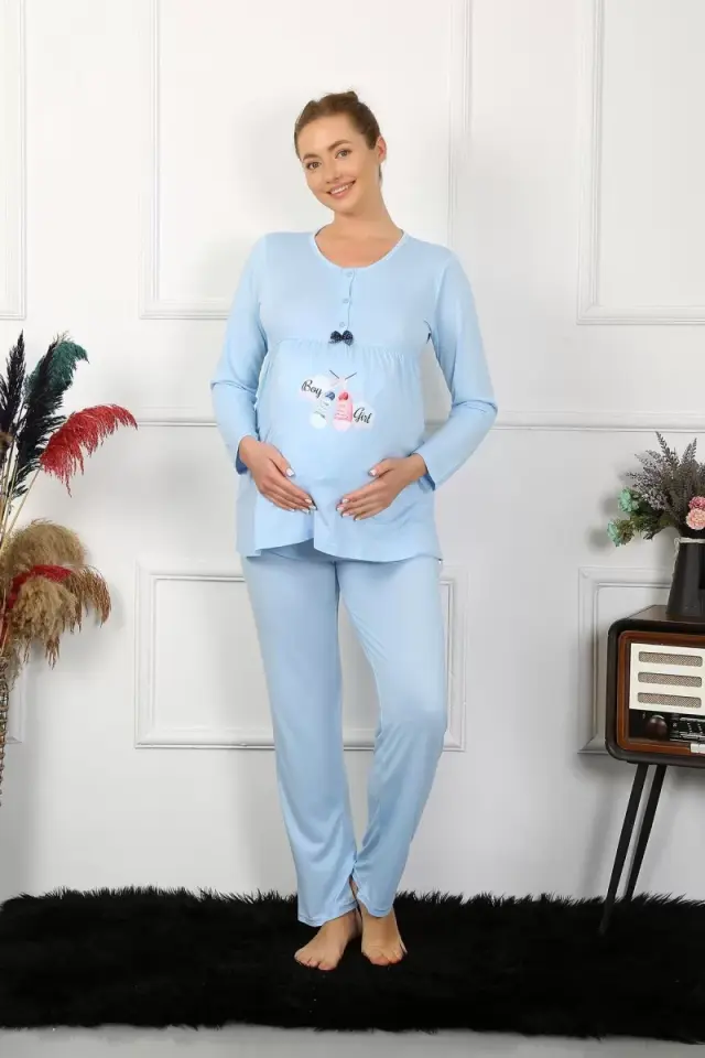 Kadın Uzun Kol Hamile Lohusa Pijama Takımı Mavi