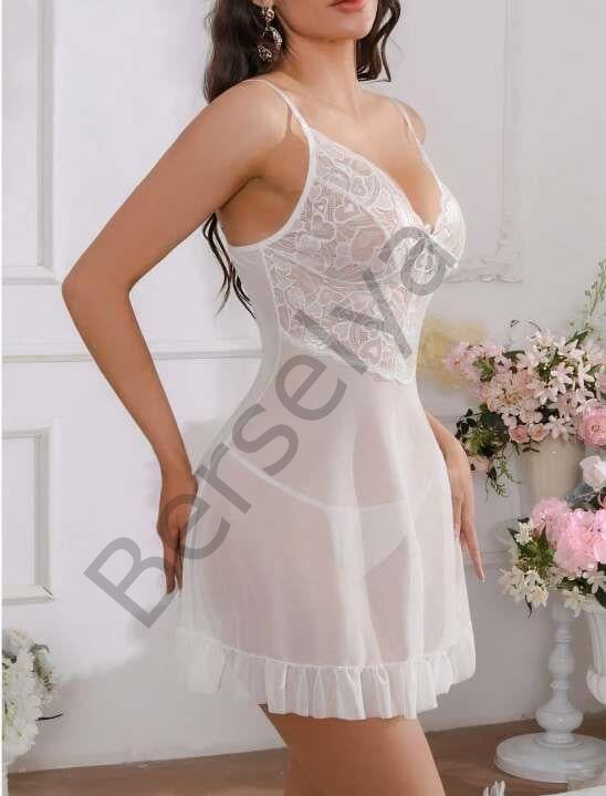 Beyaz Fırfırlı Dantel İşlemeli İnce Askılı Likralı Fantezi Tül Gecelik