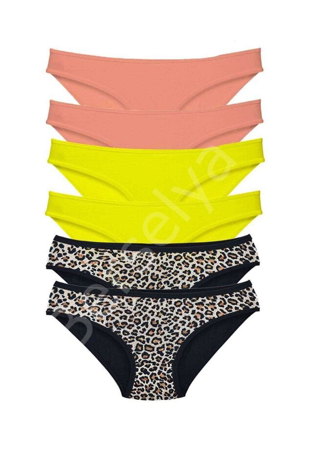 6 Adet Likralı Kadın Slip Külot Leopar Pudra Sarı