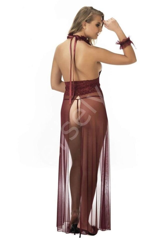 Bordo Uzun Tül Fantazi Gecelik Brf8511