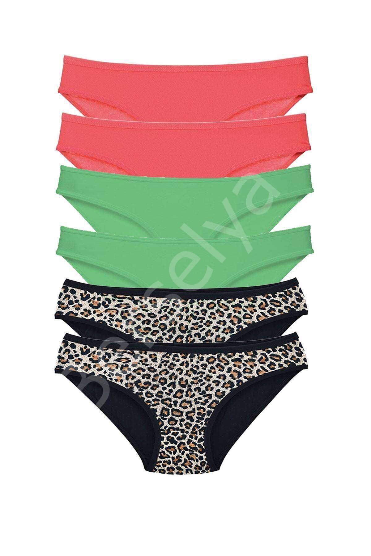 6 Adet Likralı Kadın Slip Külot Leopar Fuşya Yeşil