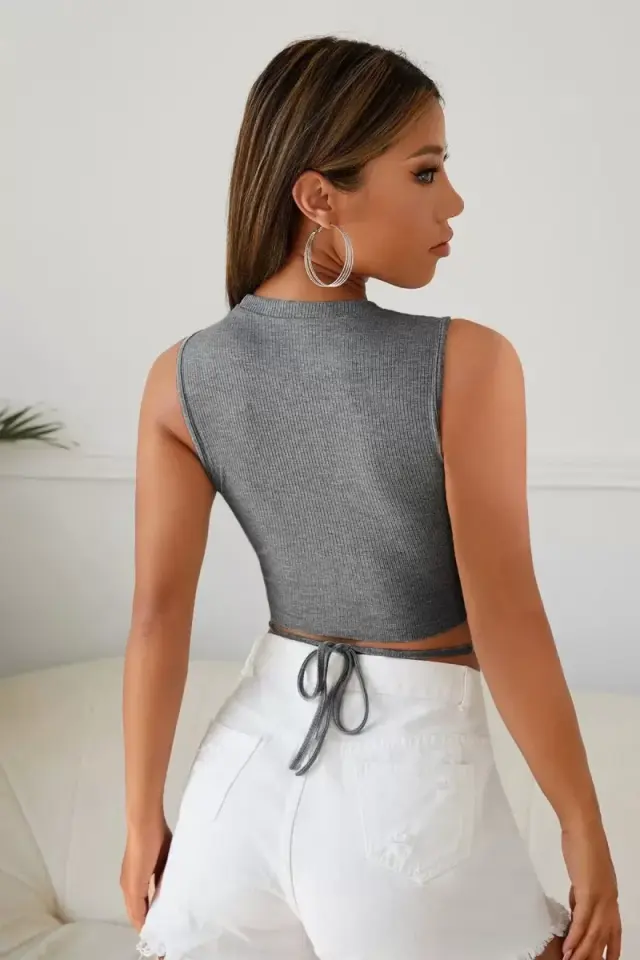 Kadın Gri Modern Fit Çapraz Bağlamalı Crop Top Büstiyer