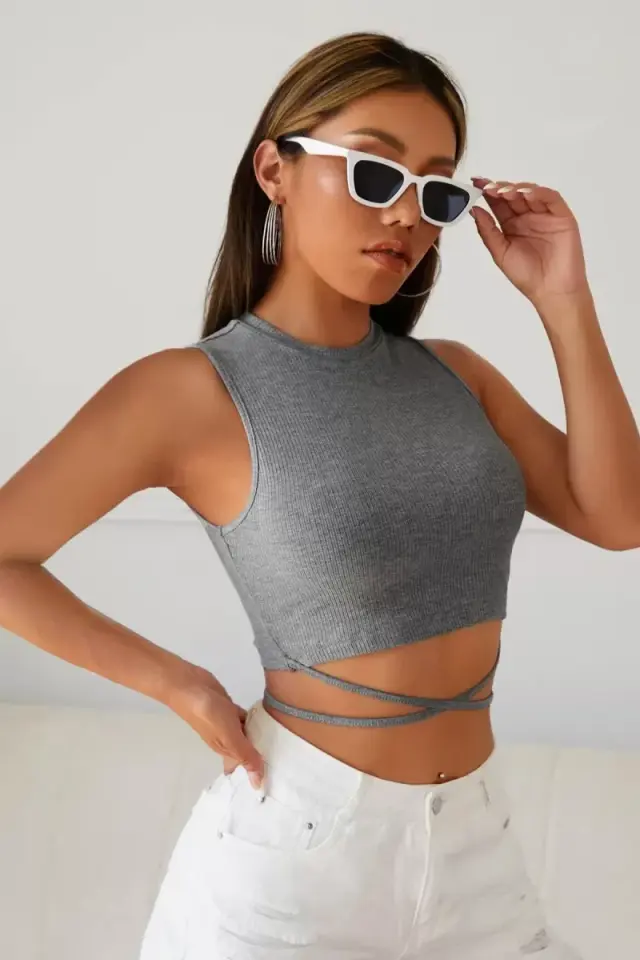 Kadın Gri Modern Fit Çapraz Bağlamalı Crop Top Büstiyer