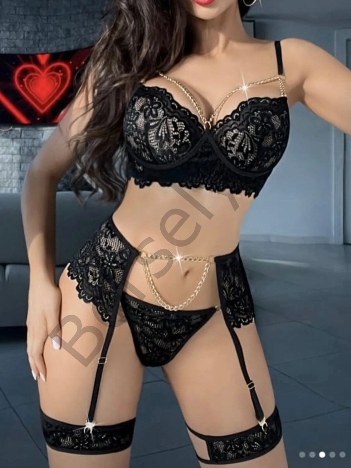 Kadın Seksi Siyah Jartiyer – Dantel Ve Zincir Detaylı Sütyen Külot Takımı