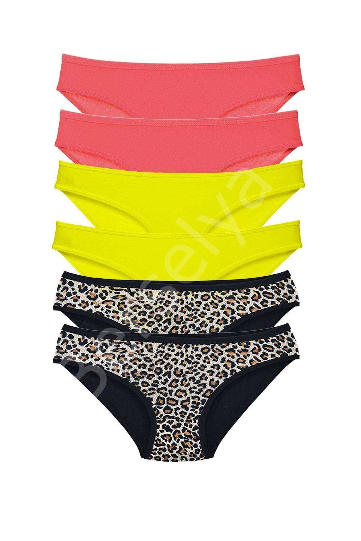 6 Adet Likralı Kadın Slip Külot Leopar Fuşya Sarı
