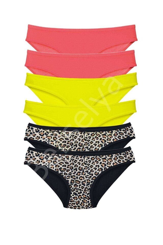 6 Adet Likralı Kadın Slip Külot Leopar Fuşya Sarı