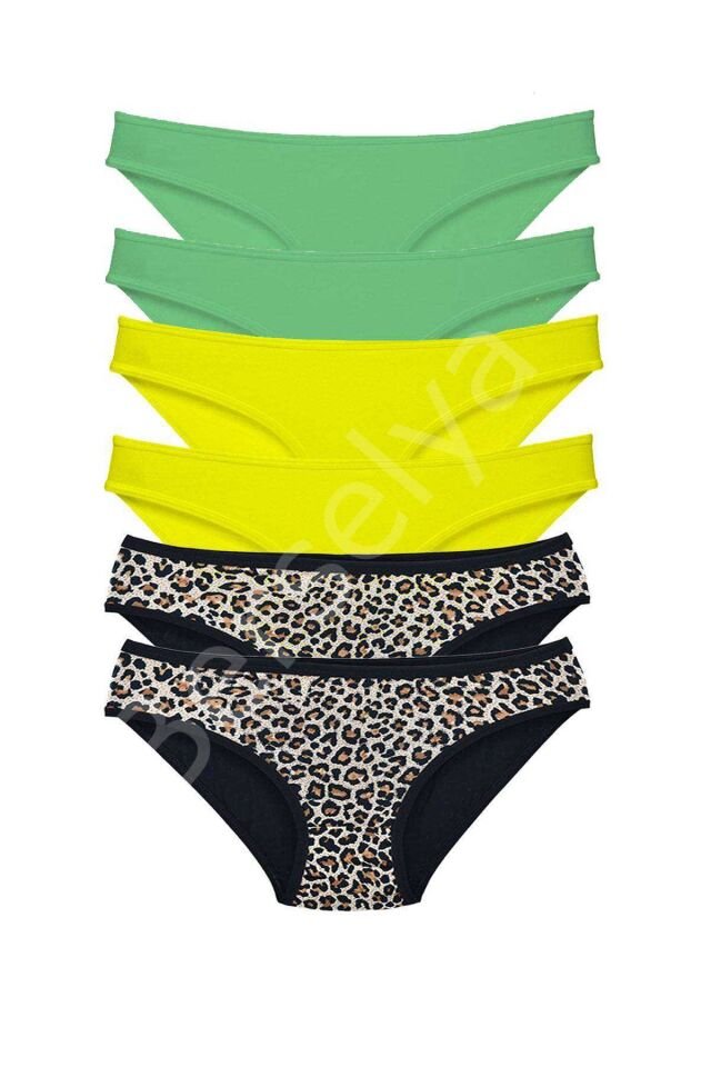 6 Adet Likralı Kadın Slip Külot Leopar Yeşil Sarı