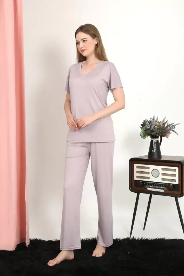 Kadın Kısa Kol Pamuk Penye Pijama Takım Pudra