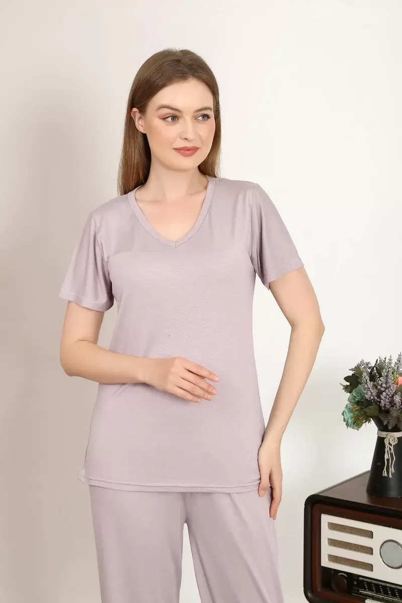 Kadın Kısa Kol Pamuk Penye Pijama Takım Pudra