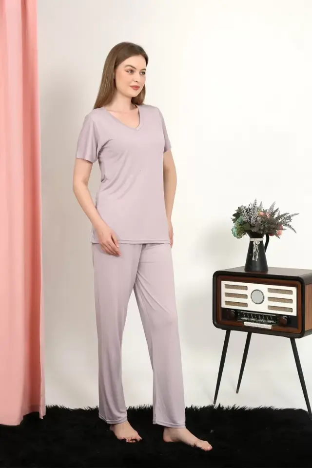 Kadın Kısa Kol Pamuk Penye Pijama Takım Pudra