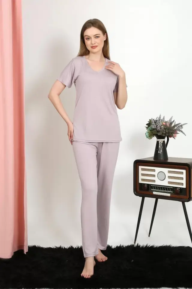 Kadın Kısa Kol Pamuk Penye Pijama Takım Pudra