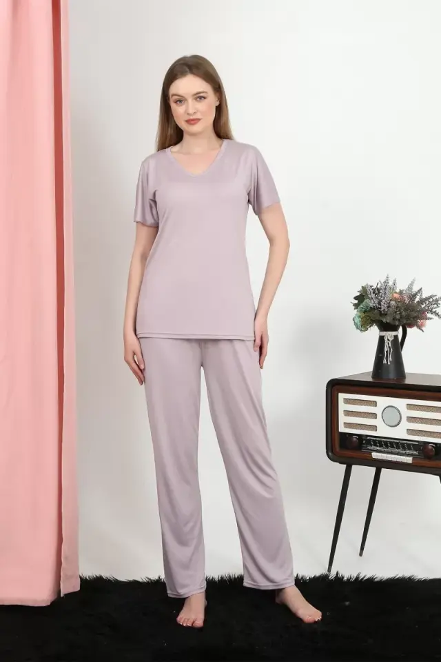 Kadın Kısa Kol Pamuk Penye Pijama Takım Pudra