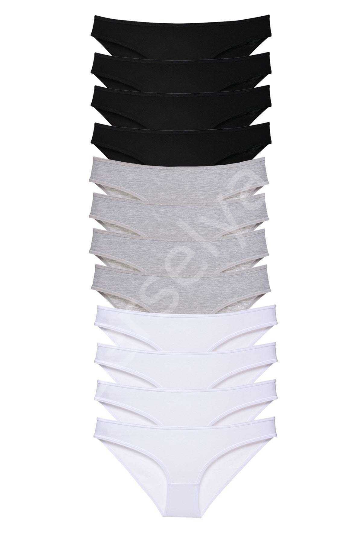 12 adet Süper Eko Set Likralı Kadın Slip Külot Siyah Gri Beyaz