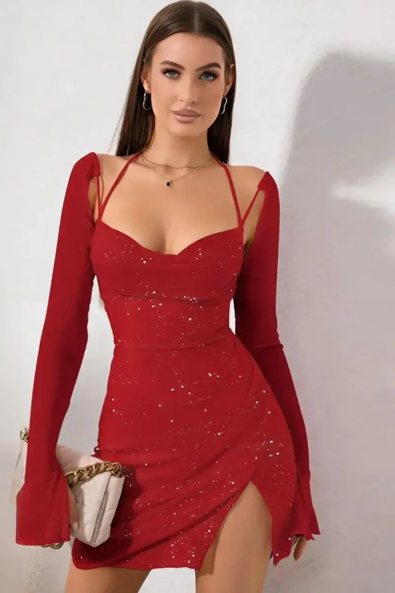 Kadın Kırmızı Simli Sırtı Açık Elbise, Balo Parti Düğün Nişan Seksi Yılbaşı Mini kısa elbise