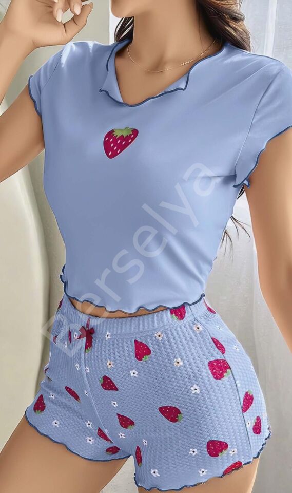 Çilek Desenli Mavi Seksi Pijama Takım