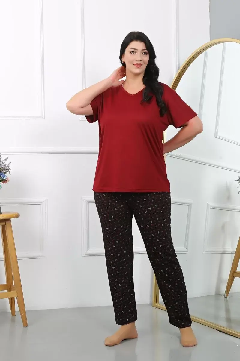 Kadın Büyük Beden Kısa Kol Penye Pijama Takımı Bordo