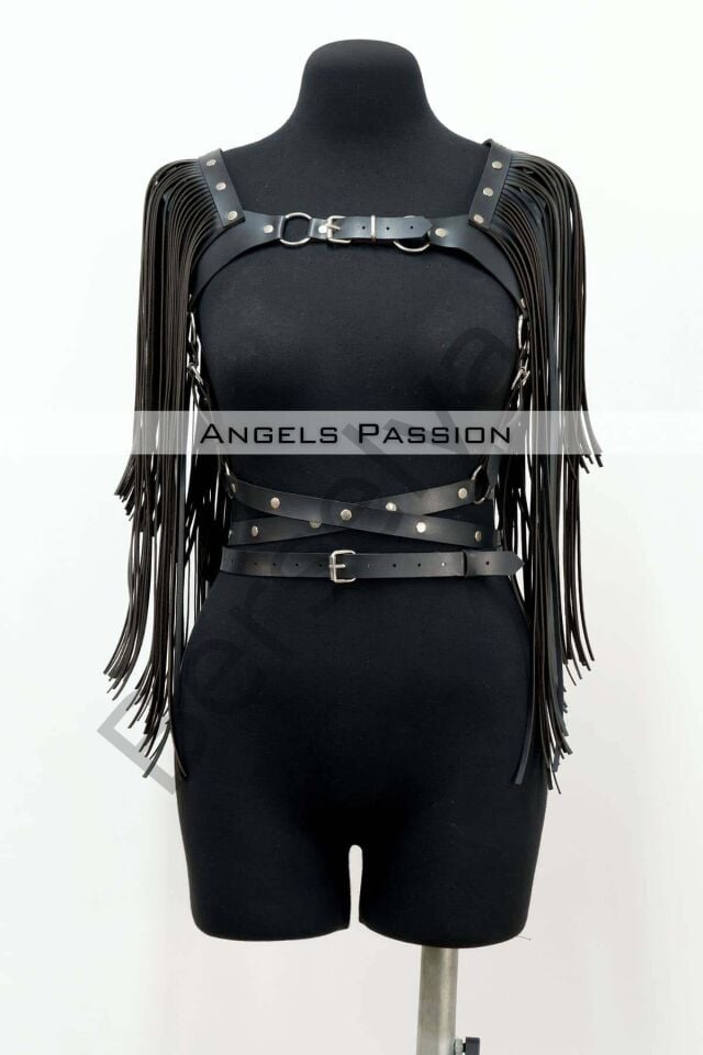 Püskül Detaylı Deri Göğüs Harness, Deri Harness Püsküllü Ceket - Brf999