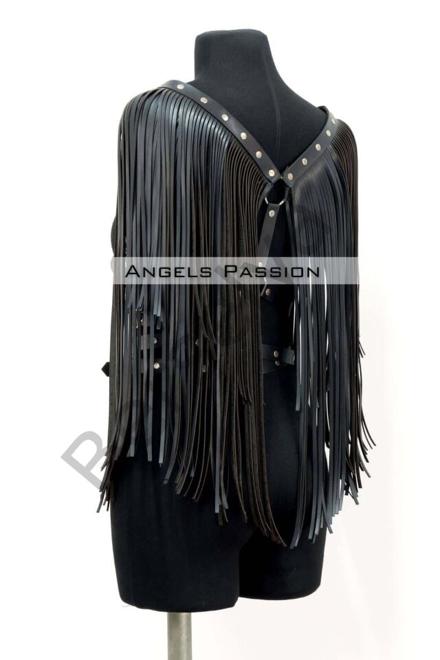 Püskül Detaylı Deri Göğüs Harness, Deri Harness Püsküllü Ceket - Brf999
