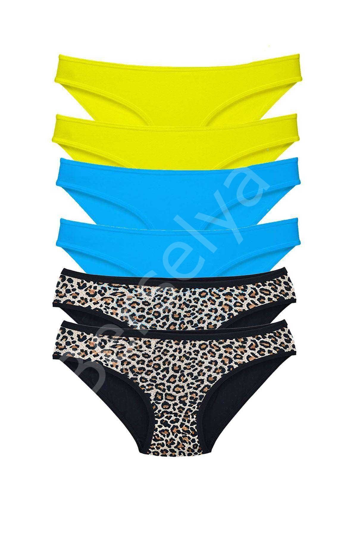 6 Adet Likralı Kadın Slip Külot Leopar Sarı Mavi