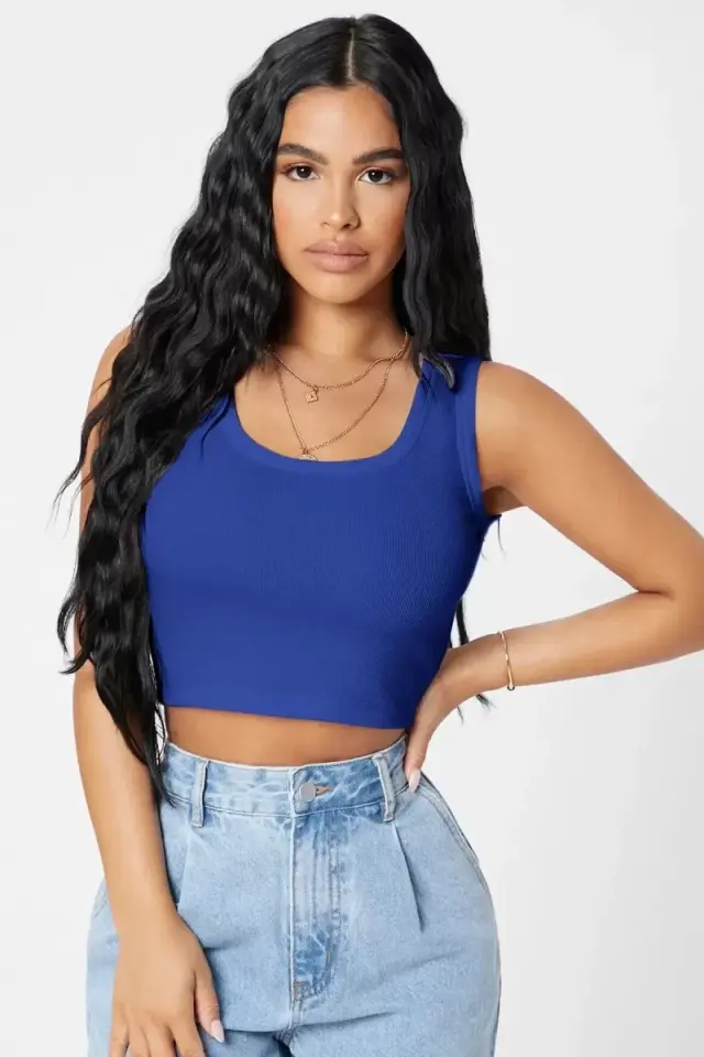 Kadın Lacivert Modern Fit Kare Yaka Crop Top Bluz
