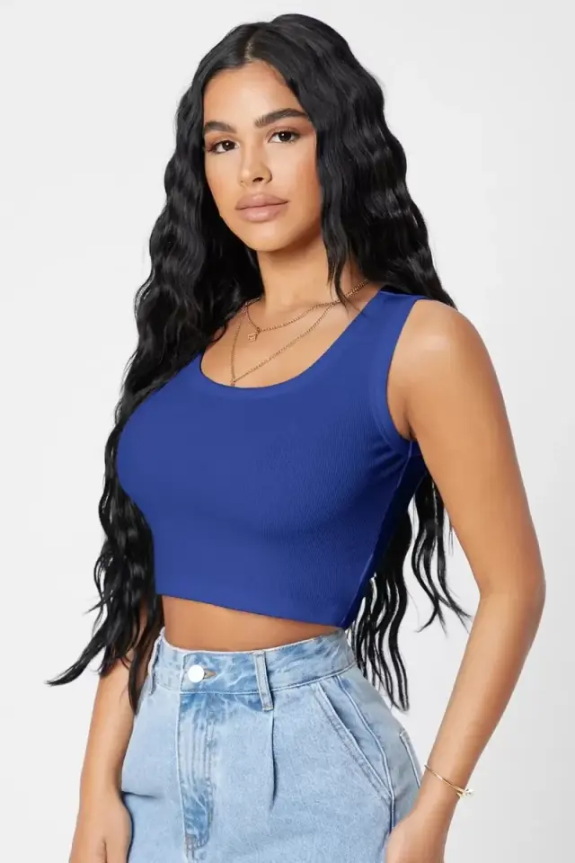 Kadın Lacivert Modern Fit Kare Yaka Crop Top Bluz