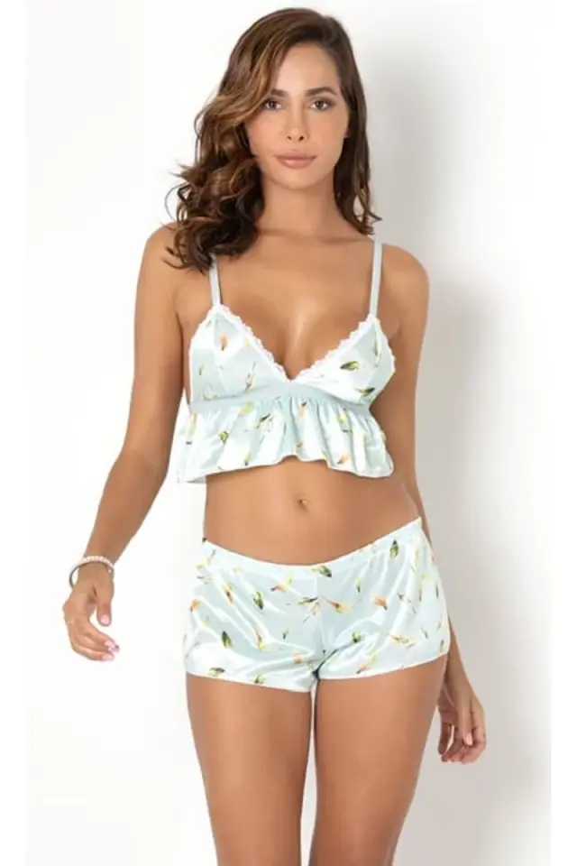 Kadın Su Yeşili Seksi Saten Askılı Crop Şort Takımı Pijama Gecelik Takım