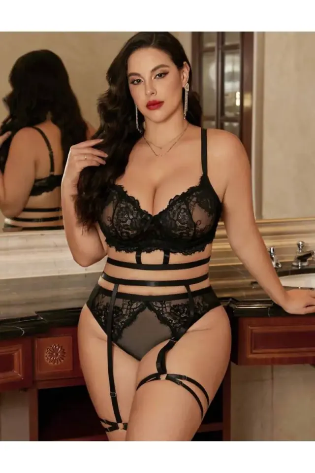 Kadın Seksi Siyah Büyük Beden Fantezi Jartiyer Takım