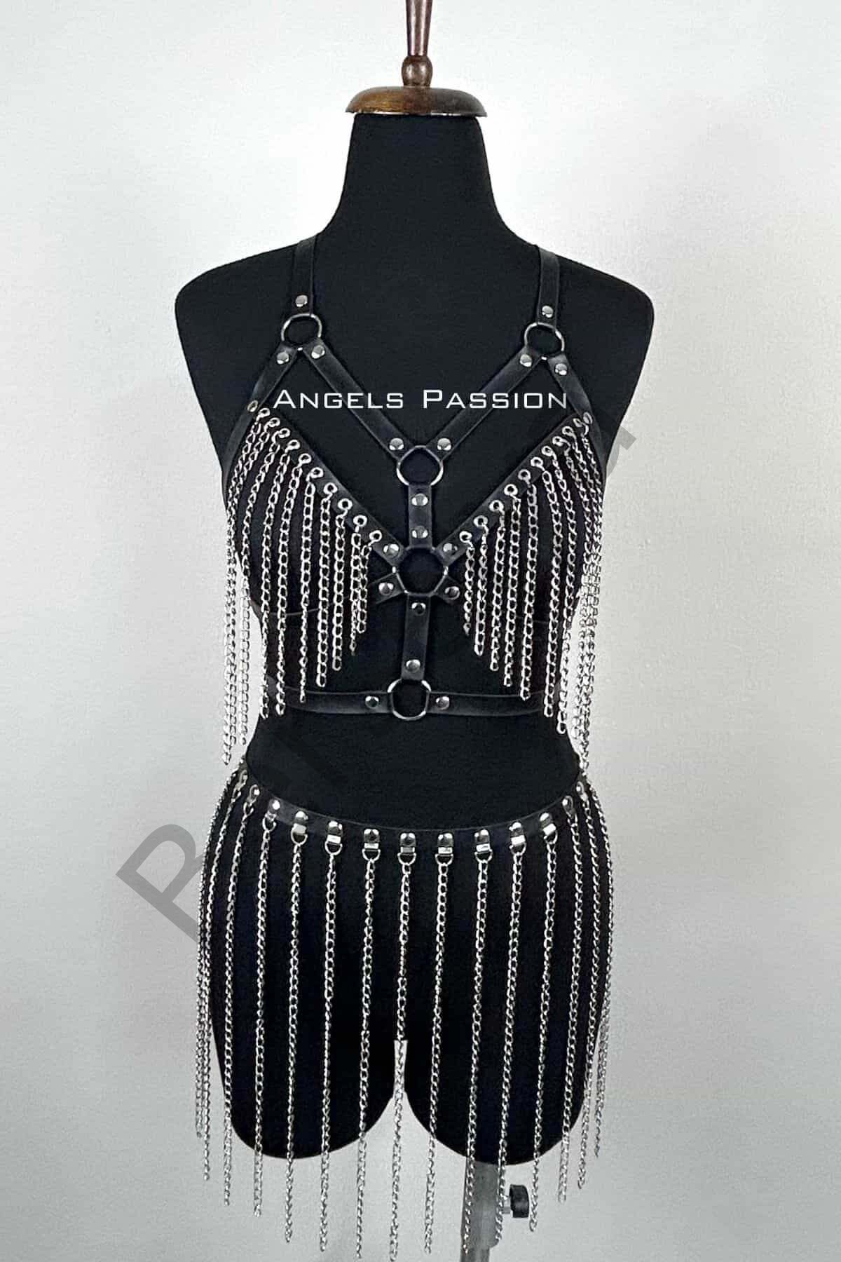 Zincirli Harness Takım, Deri Zincirli Etek Takım - Brf496