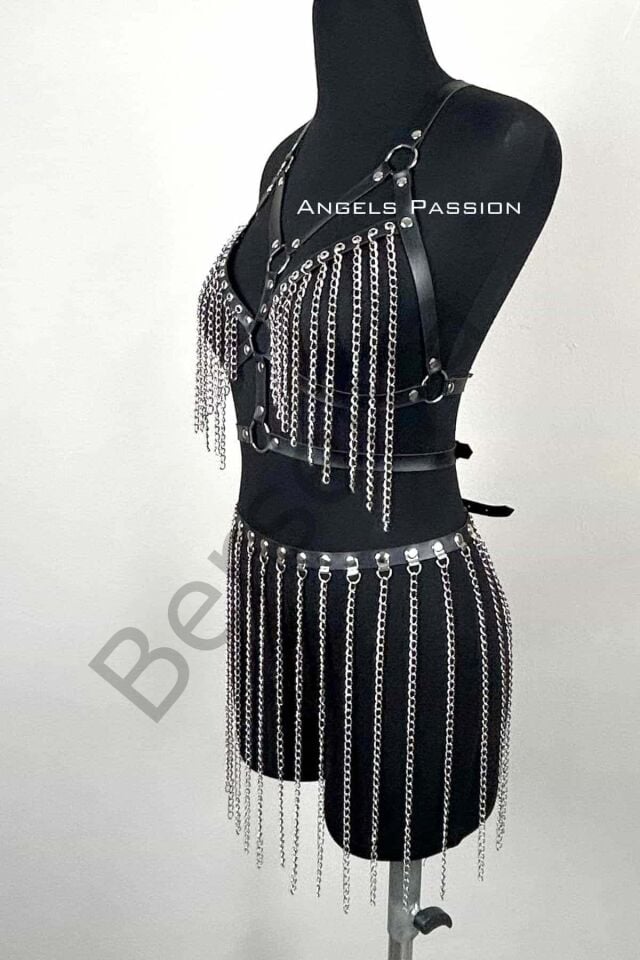 Zincirli Harness Takım, Deri Zincirli Etek Takım - Brf496