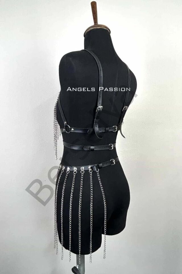 Zincirli Harness Takım, Deri Zincirli Etek Takım - Brf496