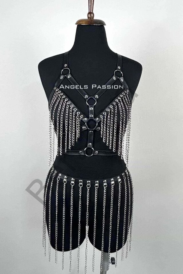 Zincirli Harness Takım, Deri Zincirli Etek Takım - Brf496