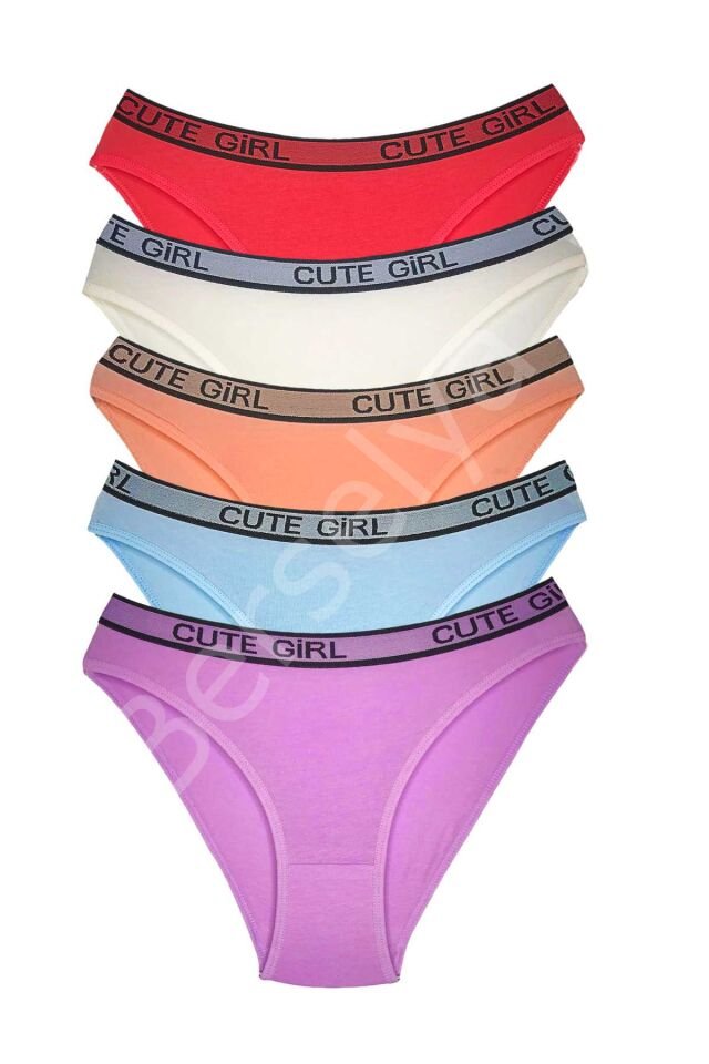 5 Adet Beli Yazılı Pamuklu Kalın Lastik Kadın Slip Külot S-M