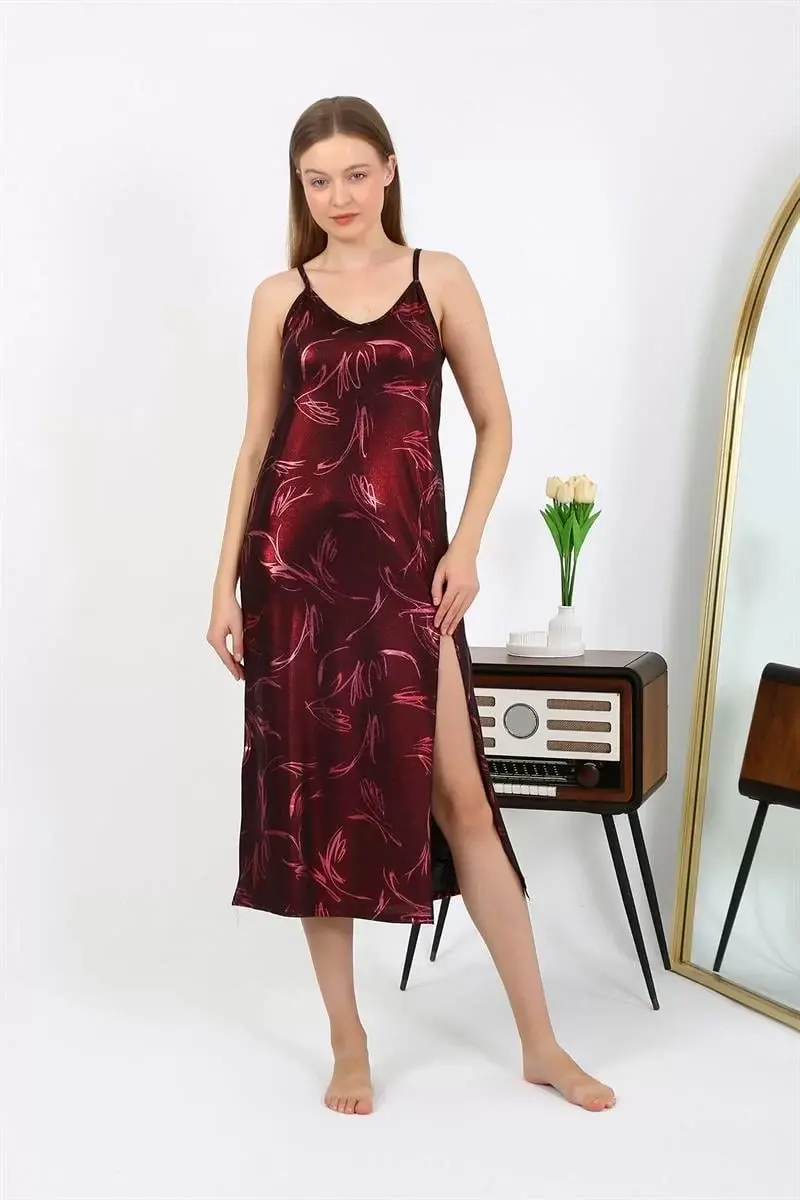 Kadın İp Askılı Uzun Parlak Micro Elbise Gecelik Bordo