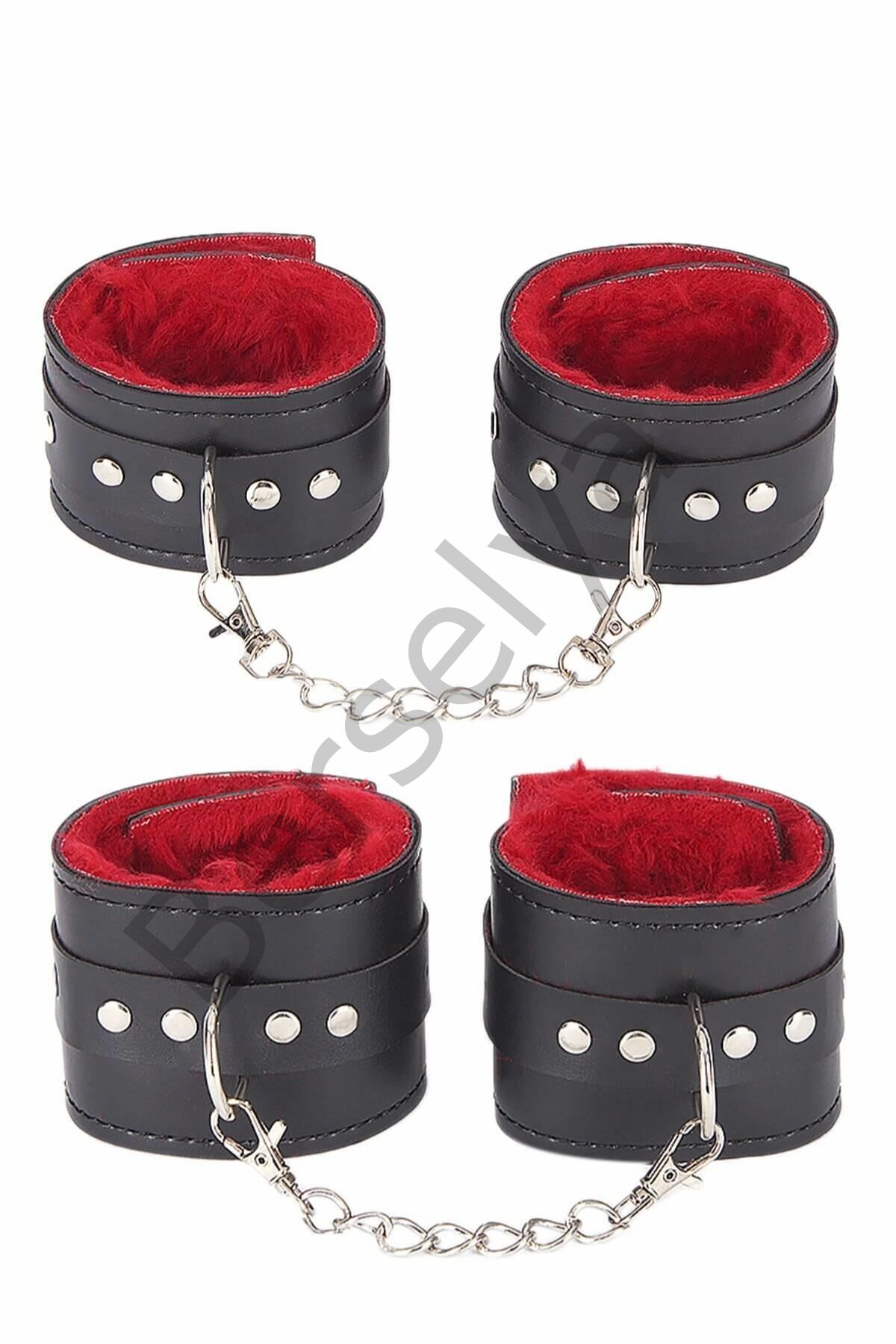 İçi Kırmızı Tüylü Kol Bacak Kelepce Set