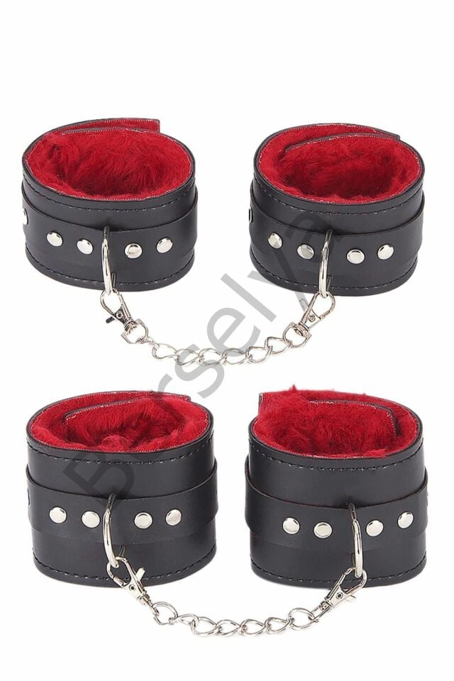 İçi Kırmızı Tüylü Kol Bacak Kelepce Set