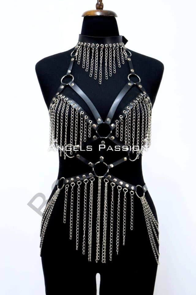 Zincirli Deri Harness, Deri Dansçı Kostüm, Choker Detaylı Deri Harness - Brf1397