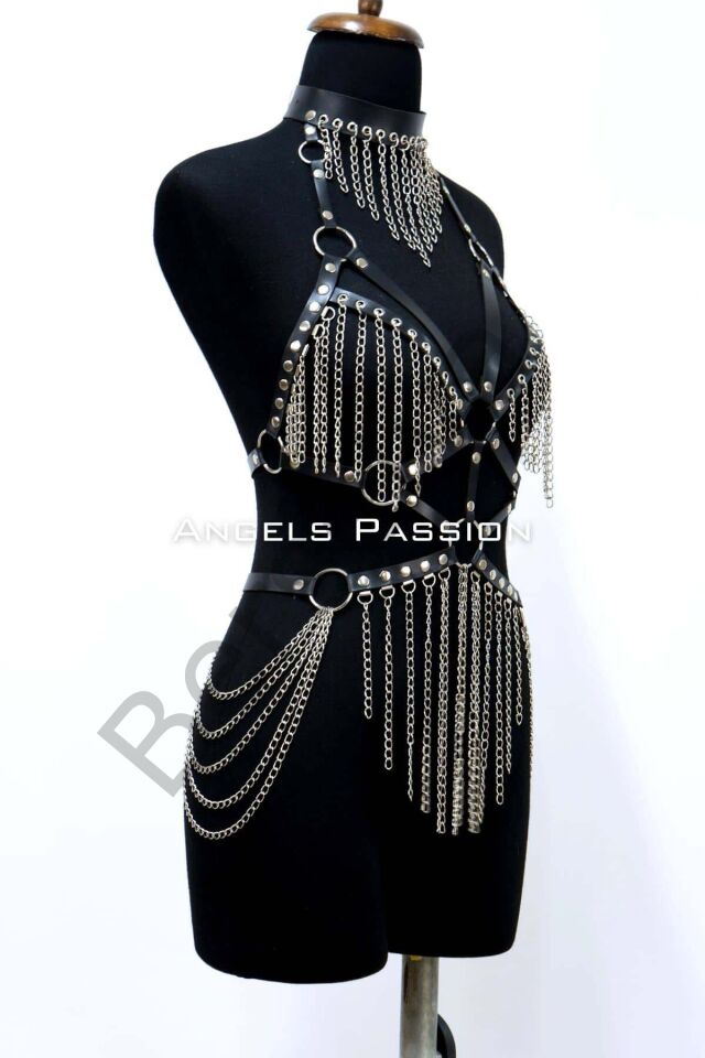 Zincirli Deri Harness, Deri Dansçı Kostüm, Choker Detaylı Deri Harness - Brf1397