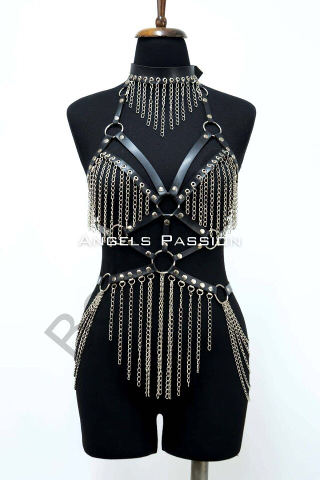 Zincirli Deri Harness, Deri Dansçı Kostüm, Choker Detaylı Deri Harness - Brf1397