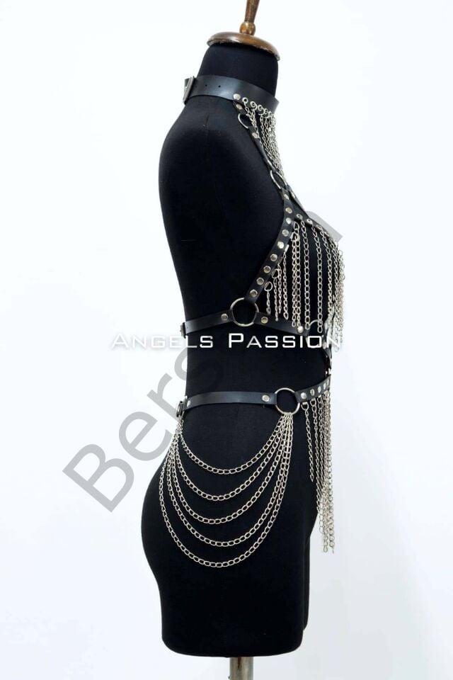 Zincirli Deri Harness, Deri Dansçı Kostüm, Choker Detaylı Deri Harness - Brf1397