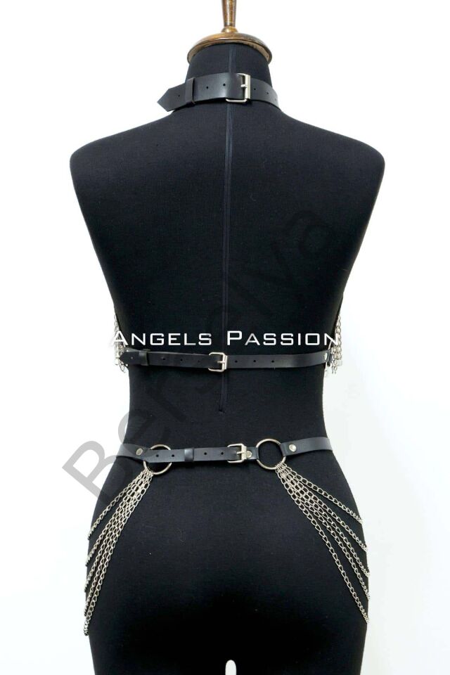 Zincirli Deri Harness, Deri Dansçı Kostüm, Choker Detaylı Deri Harness - Brf1397