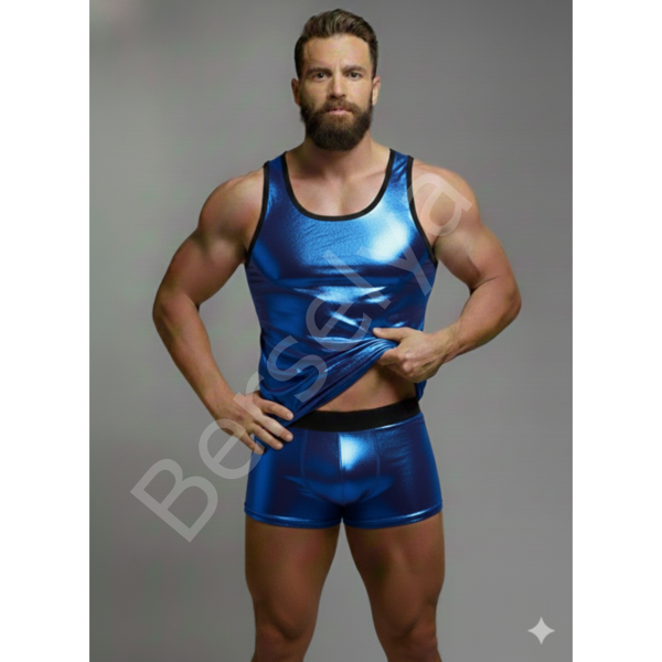 Erkek Mavi Lame Tank Top Boxer Takım